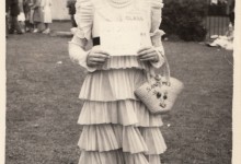 Glenda Tomlinson (née Martin) dressed as Lady Docker at Ascot at Northampton Carnival, 1955