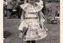 Glenda Tomlinson (née Martin) wearing a dress made of newspaper, 1954.