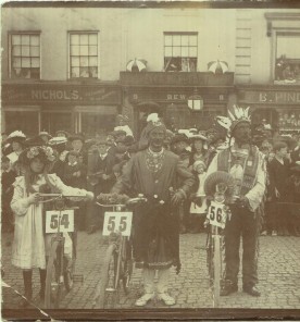 Three entrants with bicycles at the Northampton Carnival, 1890-1905