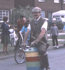 George Twiselton on dustbin bike at Duston Carnival, 1976