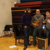 Pax Nindi, J P Courtney (the founder of Toque Tambor samba band), Nick Coffer from BBC Three Counties and Rebecca Tortora rehearsing the song “Light Up The Night” for the Light Up The Night event on Wednesday 12th December.